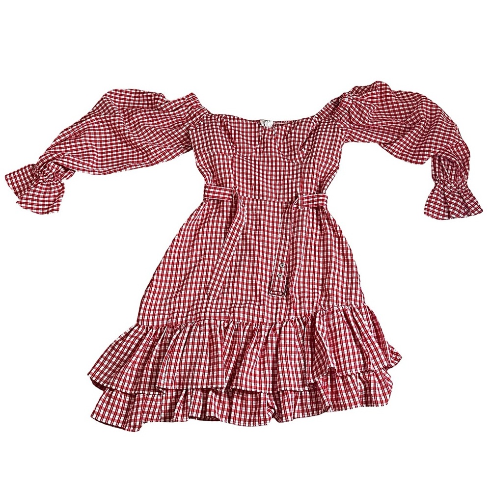ANTHROPOLOGIE’S MAEVE off the shoulder long sleeve Ruffle dress in red and white